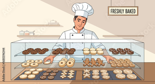 Smiling Baker Presents Delicious Cookies And Pastries In A Glass Display Case