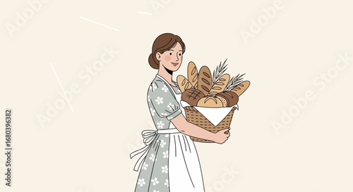 Smiling Baker Presents Freshly Baked Bread in a Wicker Basket for Breakfast