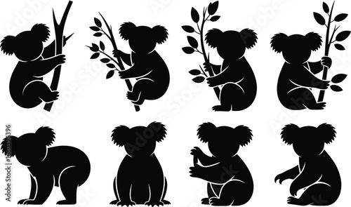 "Black silhouettes of adorable koalas climbing and sitting on eucalyptus branches with leaves in various poses, vector illustration."
