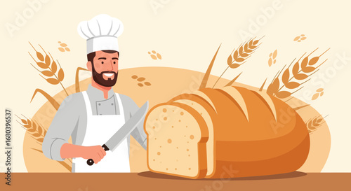 Smiling Baker Ready To Slice Freshly Baked Loaf Of Bread With Wheat Background