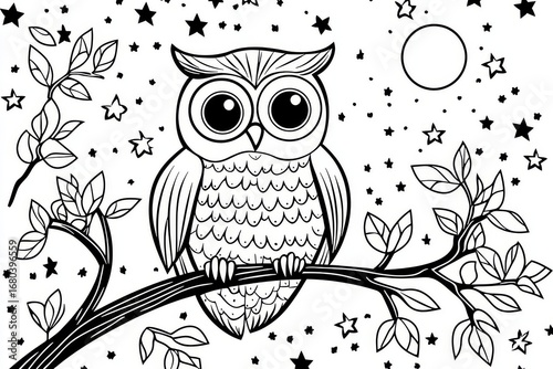 Owl on branch at night coloring page for kids, simple cartoon vector line drawing in black and white with bold outlines, minimal flat art design.