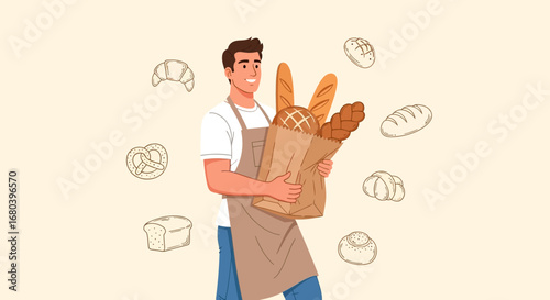Smiling Baker Showcasing Fresh Breads and Pastries From Various Culinary Creations