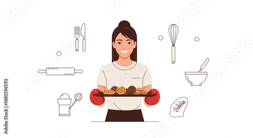 Smiling Baker Showcasing Freshly Baked Treats, Perfect Visual for Culinary Themes and Content