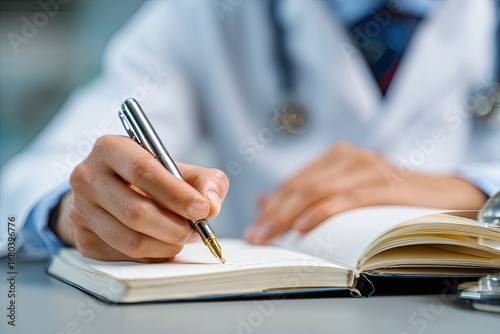Doctor writing in a notebook. Close-up of a doctor's hand holding a pen and writing in a notepad. Focus is on the hand and pen