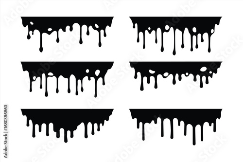 Black dripping oil stain, liquid drips or paint current vector ink silhouettes isolated