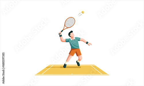 Cartoon Tennis Player in Action Striking a Forehand Shot.