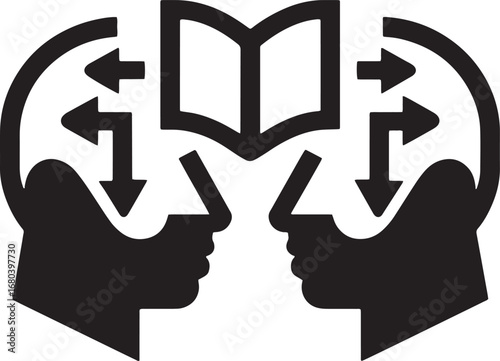 Two heads reading a book symbolizing shared knowledge and learning together silhouette