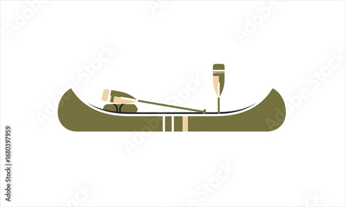 Classic Olive Green Canoe with Oar and Seat Detail.