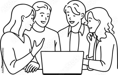 A group of four business people are gathered around a laptop, discussing a project and collaborating on ideas