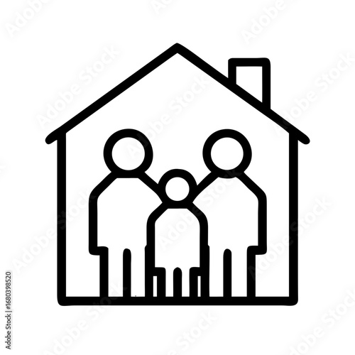 Illustration of a family of three inside a house outline with chimney in black and white simple design