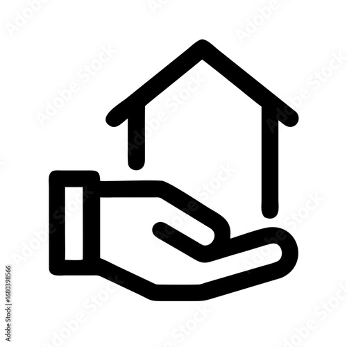 Outline illustration of a house resting on a hand symbolizing real estate ownership and property care