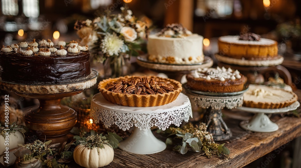 Naklejka premium A Scrumptious Spread: A visually appealing array of delectable cakes and pies presented on elegant cake stands on a warmly lit, rustic wooden table. Capturing an atmosphere of comfort. Generative Ai