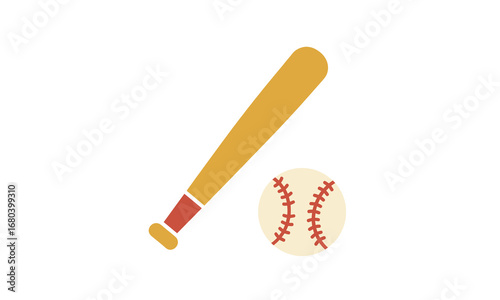 Classic wooden baseball bat with a red grip and a stitched baseball, flat vector illustration.