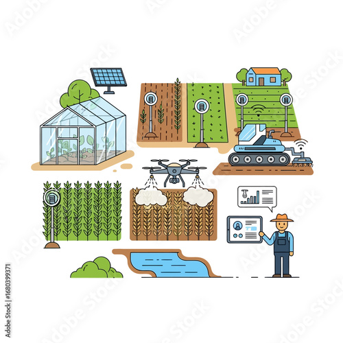 Innovative agricultural technology concept illustrating an automated farm system with drones, robots, and data analysis for smart crop management
