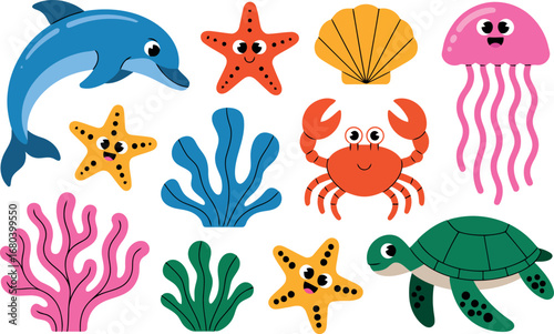 A collection of brightly colored cartoon sea creatures and underwater plants are featured in this image. 