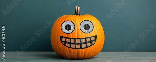 Halloween popart funny cartoon pumpkin with big smile face on teal wall joyful vibe playful home decor simple style