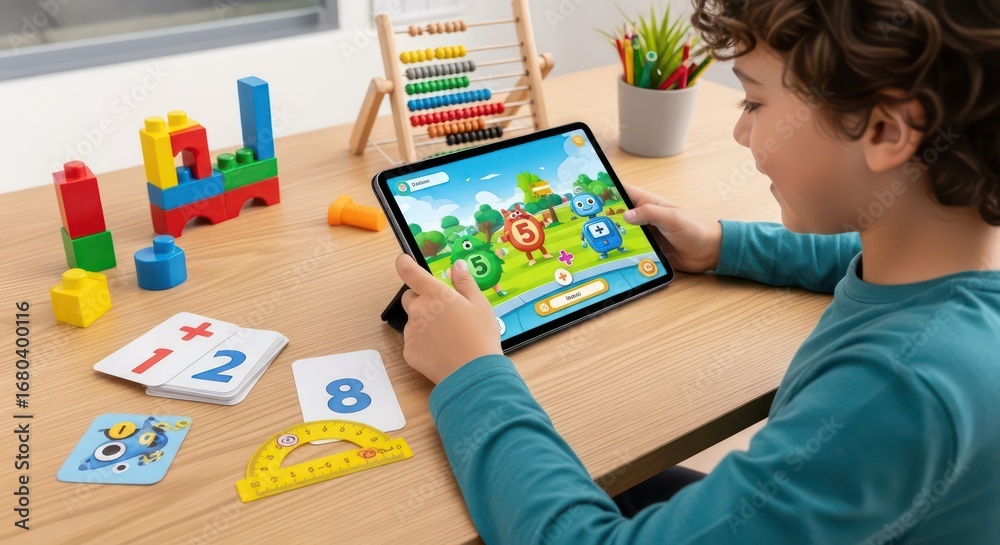 custom made wallpaper toronto digitalYoung Boy Engaged in Educational Tablet Game