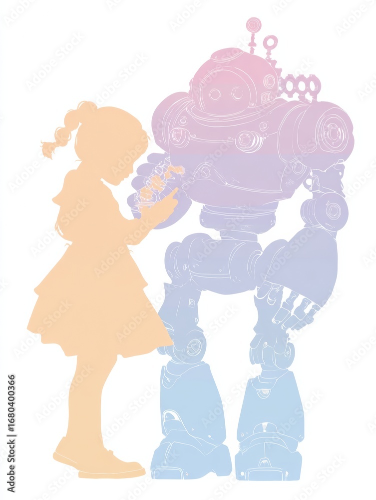 Fototapeta premium Robot and Child Share a Moment of Wonder in a Futuristic Garden Setting During a Sunny Day