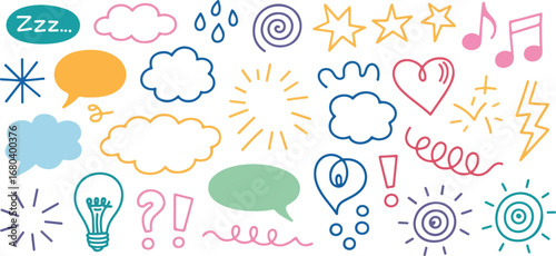 Comic Expression Icons  Hand-Drawn Emotion Symbols with Stars, Hearts, Sparks, and Speech Bubbles Vector Set