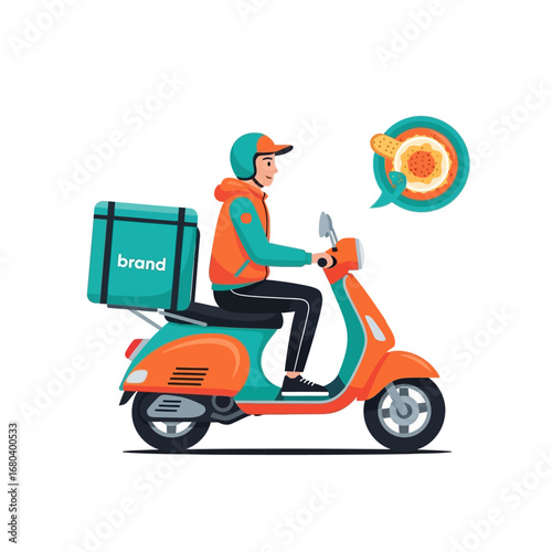 Express food delivery service concept with a courier riding a scooter to deliver an online order of hot noodles