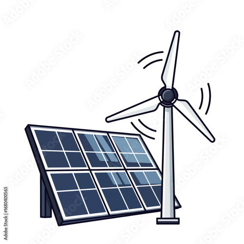 Renewable energy concept featuring a solar panel and wind turbine. Vector illustration of clean, green, and sustainable power sources isolated on a white background