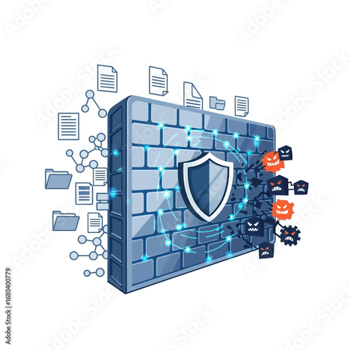 Network security and data protection concept showing a brick firewall barrier blocking malicious computer virus threats
