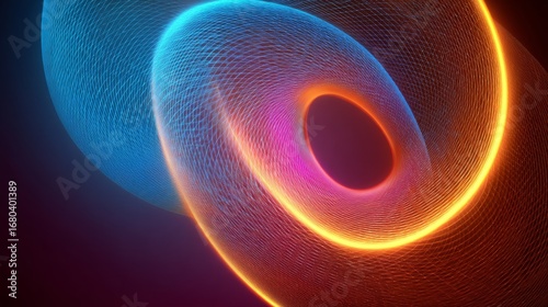 Intricate abstract digital art with glowing neon-like doughnut-shaped structures in vibrant orange and blue tones agains