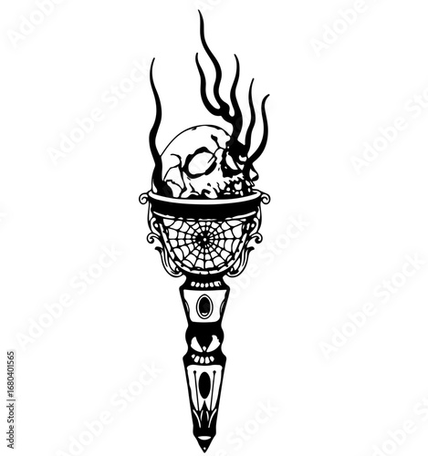 Mysterious ornate torch with skull and flame, evoking darkness, mystery, and gothic art