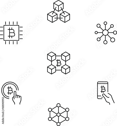 Set of Blockchain and cryptocurrency lcons. Includes bitcoin mining, blockchain network, digital currency transactions, mobile payment, peer-to-peer exchange, decentralized network, and crypto wallet.