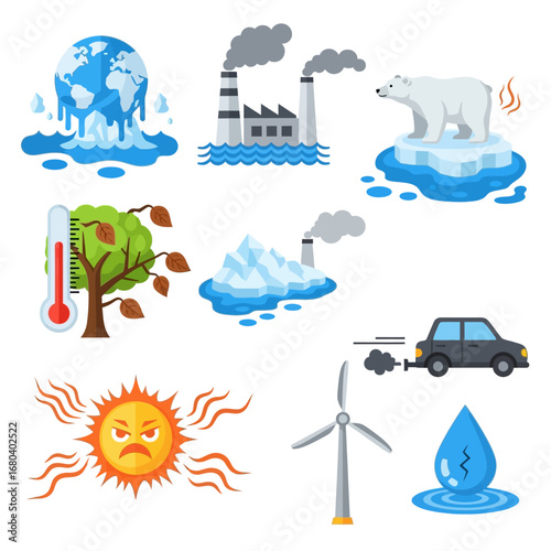 Illustrations depicting the effects of global warming and pollution on the environment.