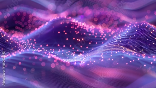 Abstract purple and pink digital waves with light particles. Artwork of digital glowing pink dots connecting with black background. Technology innovation. Digital art for design and print. AIG53.