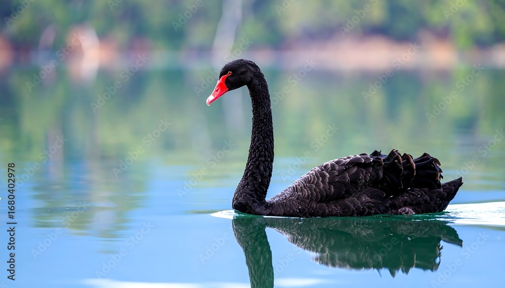 Obraz premium Elegant black swan glides on calm water, reflected subtly