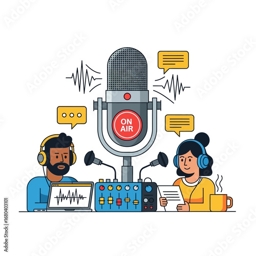 Two people are podcasting with a large microphone and audio mixing equipment.