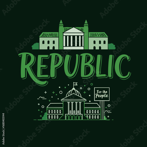 Green illustration of a republic building with 'For the People' sign, representing government and democracy.