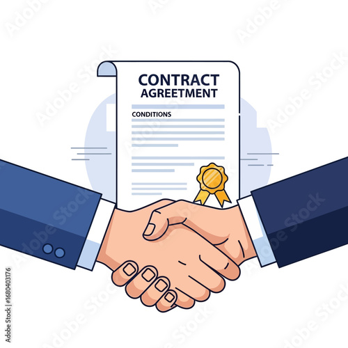 Two business people shaking hands over a contract agreement, symbolizing a successful deal or partnership.