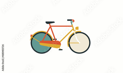 Colorful retro bicycle illustration with red frame, yellow accents, and unique wheel colors.