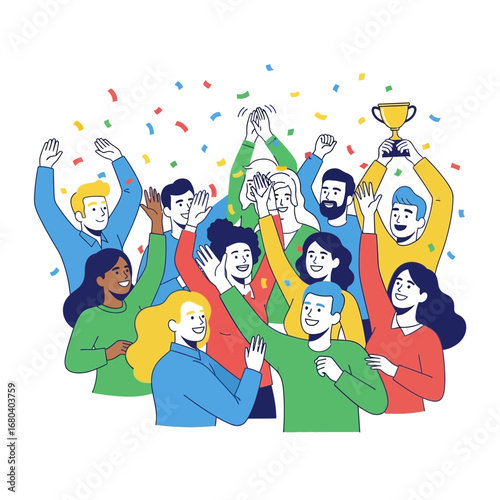 A diverse team of professionals celebrating a major achievement together, cheering with a golden trophy under falling confetti