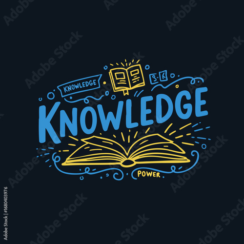 Vibrant Hand-Drawn Illustration: Knowledge is Power with Open Books and Radiating Light on a Dark Background.