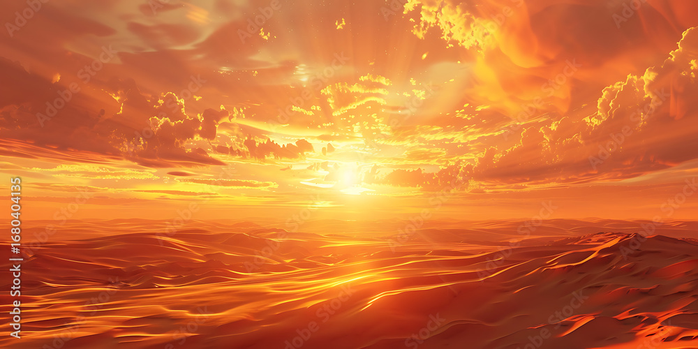 Obraz premium Fiery sunset over undulating desert dunes, orange and gold hues, dramatic clouds, bright serene painterly horizon