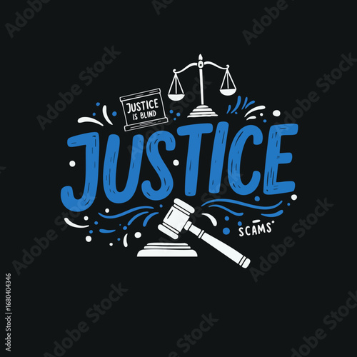 Justice is Blind with Scales and Gavel: A Hand-Drawn Illustration Highlighting Legal Themes and the Concept of Scams