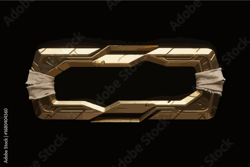Hand-drawn game UI buttons, dark gold metal, with gauze binding around the edges, presenting an ancient Egyptian feel, vector illustration