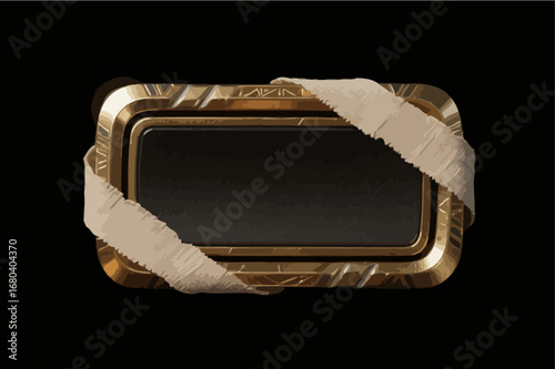 Hand-drawn game UI buttons, dark gold metal, with gauze binding around the edges, presenting an ancient Egyptian feel, vector illustration