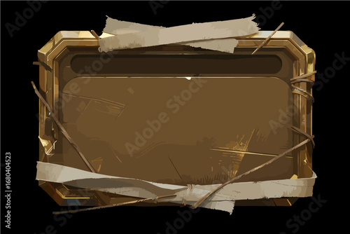 Hand-drawn game UI buttons, dark gold metal, with gauze binding around the edges, presenting an ancient Egyptian feel, vector illustration