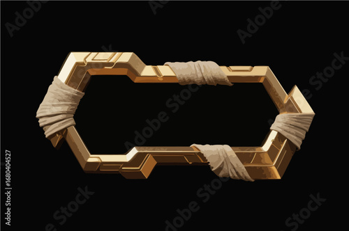 Hand-drawn game UI buttons, dark gold metal, with gauze binding around the edges, presenting an ancient Egyptian feel, vector illustration