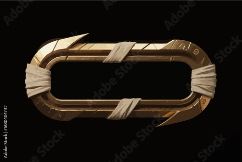 Hand-drawn game UI buttons, dark gold metal, with gauze binding around the edges, presenting an ancient Egyptian feel, vector illustration