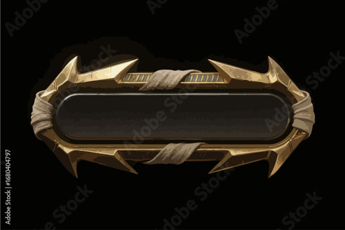 Hand-drawn game UI buttons, dark gold metal, with gauze binding around the edges, presenting an ancient Egyptian feel, vector illustration