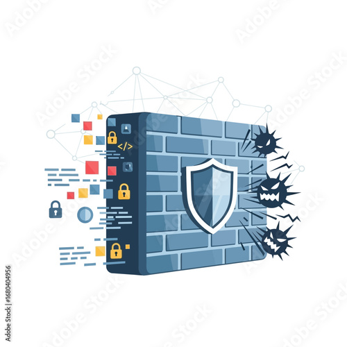 Conceptual vector illustration of a robust cybersecurity firewall with a shield, defending a network system from malicious virus and malware attacks