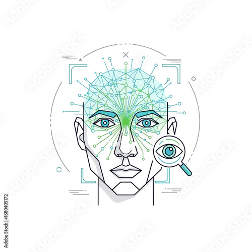 Futuristic facial recognition technology with biometric scanning of human eyes for digital identity verification. Abstract AI concept