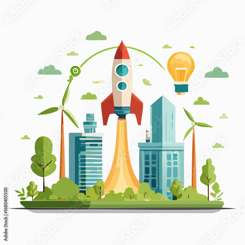 A vibrant illustration depicting a rocket launching from a modern city with green energy elements like wind turbines and a lightbulb, symbolizing innovation and sustainable growth.