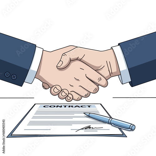Two business people shaking hands over a signed contract, symbolizing a successful agreement.
